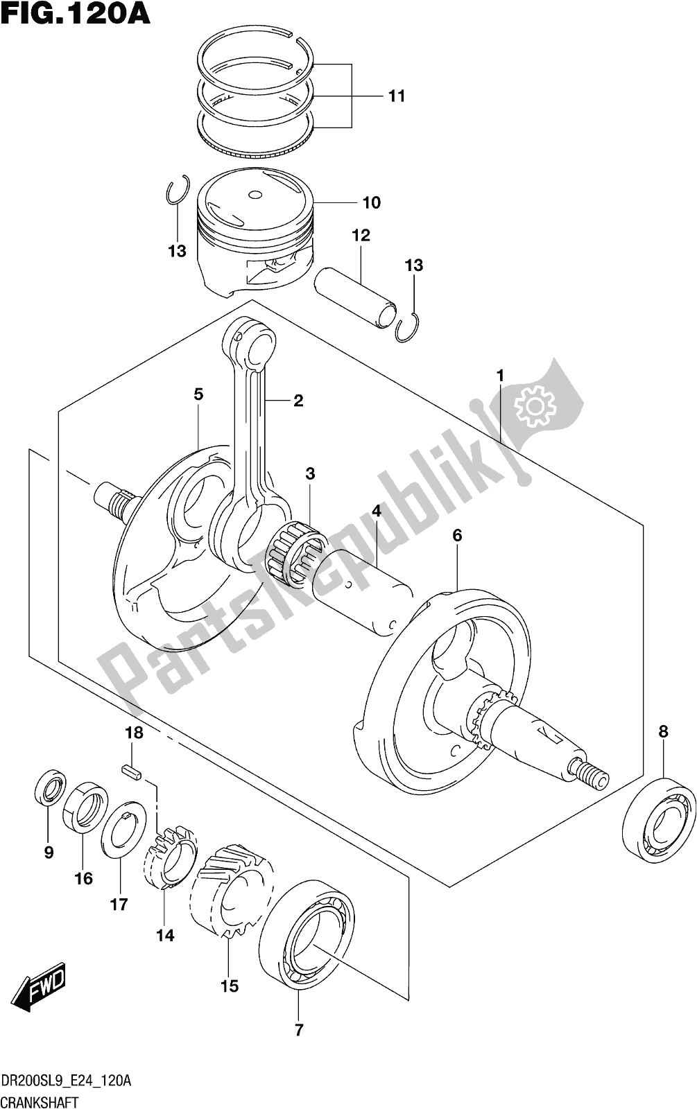 All parts for the Fig. 120a Crankshaft of the Suzuki DR 200S 2019