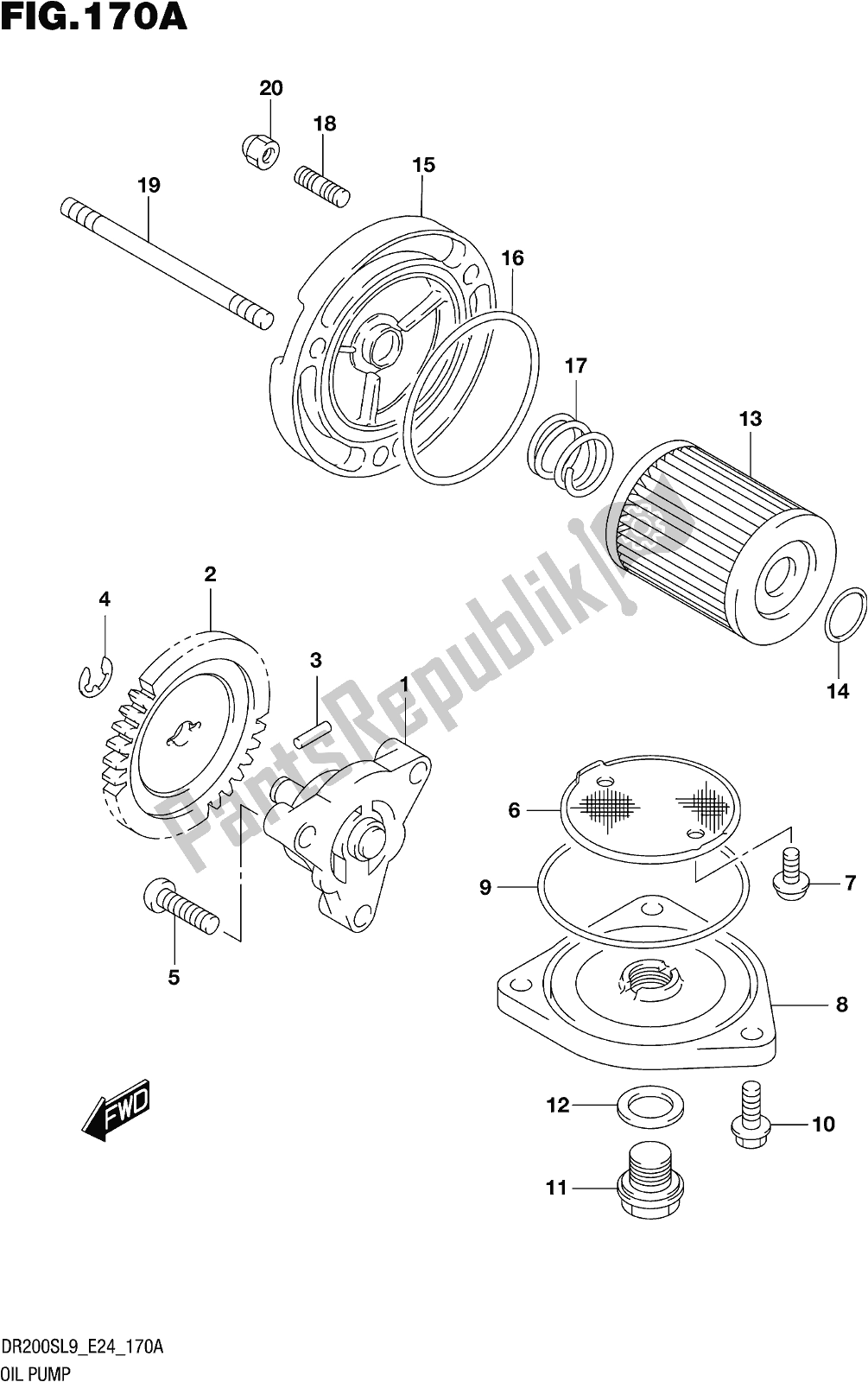 All parts for the Fig. 170a Oil Pump of the Suzuki DR 200S 2019