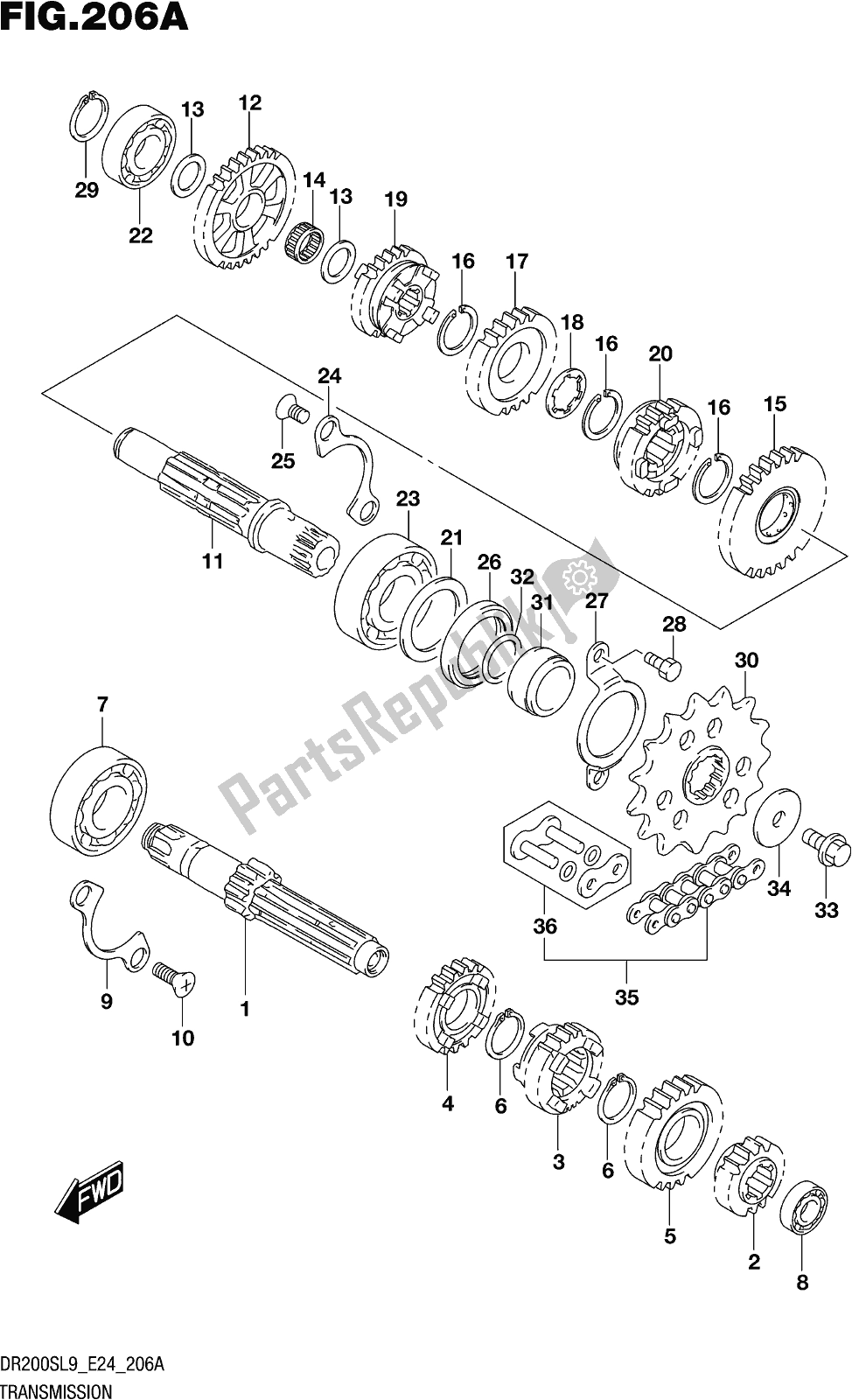 All parts for the Fig. 206a Transmission of the Suzuki DR 200S 2019