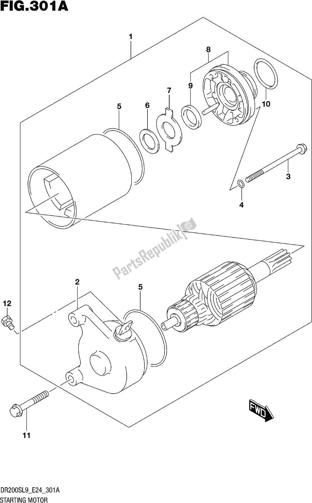 All parts for the Fig. 301a Starting Motor of the Suzuki DR 200S 2019