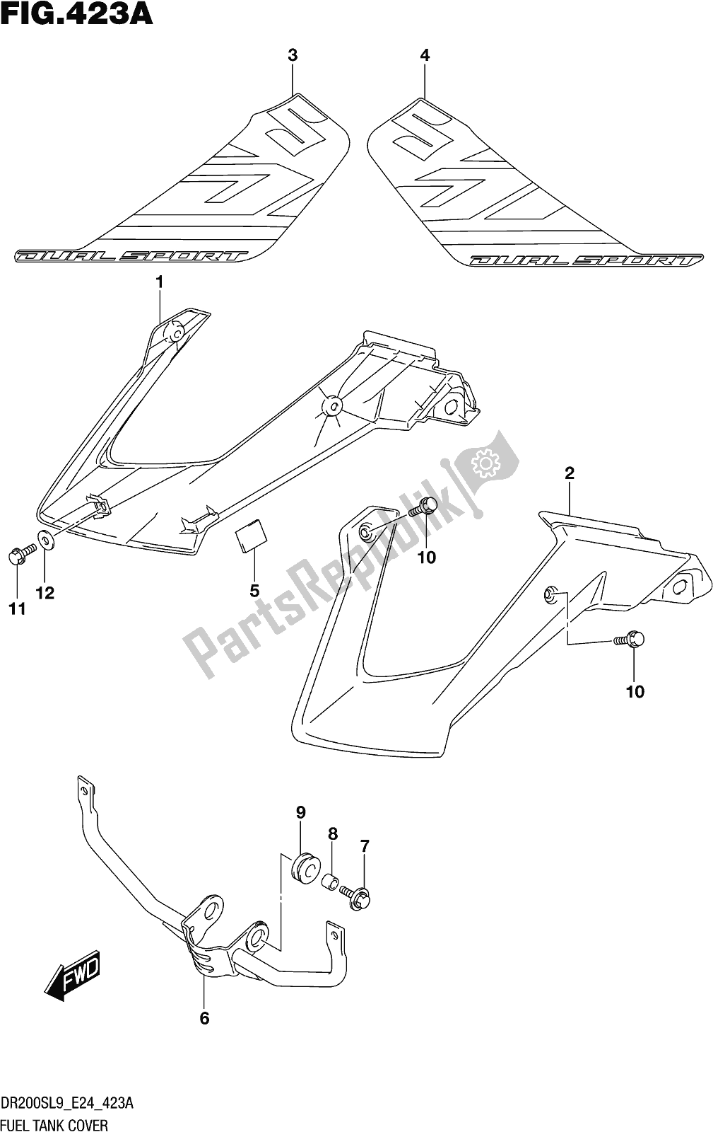 All parts for the Fig. 423a Fuel Tank Cover of the Suzuki DR 200S 2019