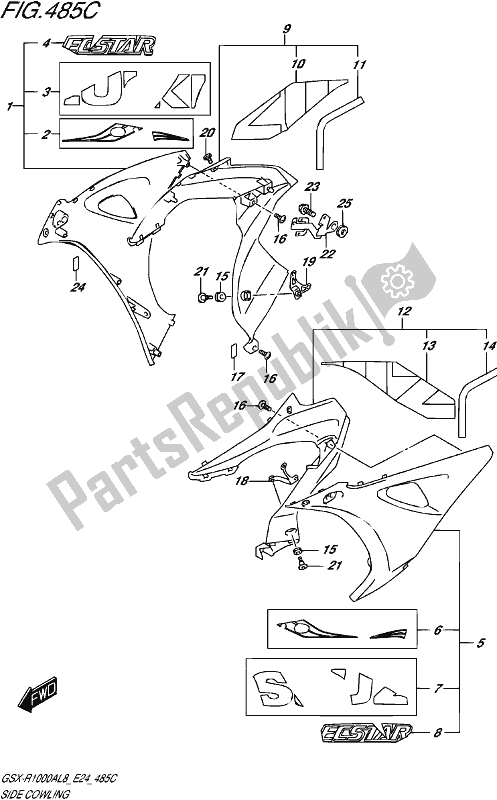 All parts for the Side Cowling (gsx-r1000al8 E24) (for Ysf) of the Suzuki Gsx-r 1000A 2018