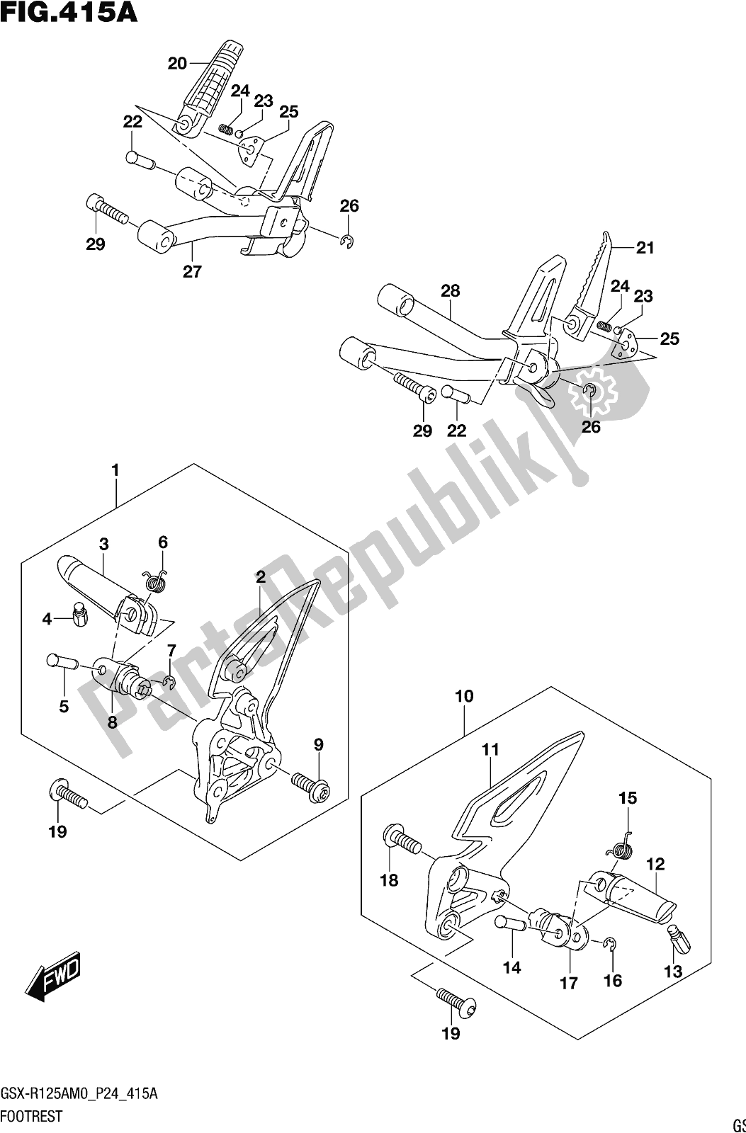 All parts for the Fig. 415a Footrest of the Suzuki Gsx-r 125A 2020