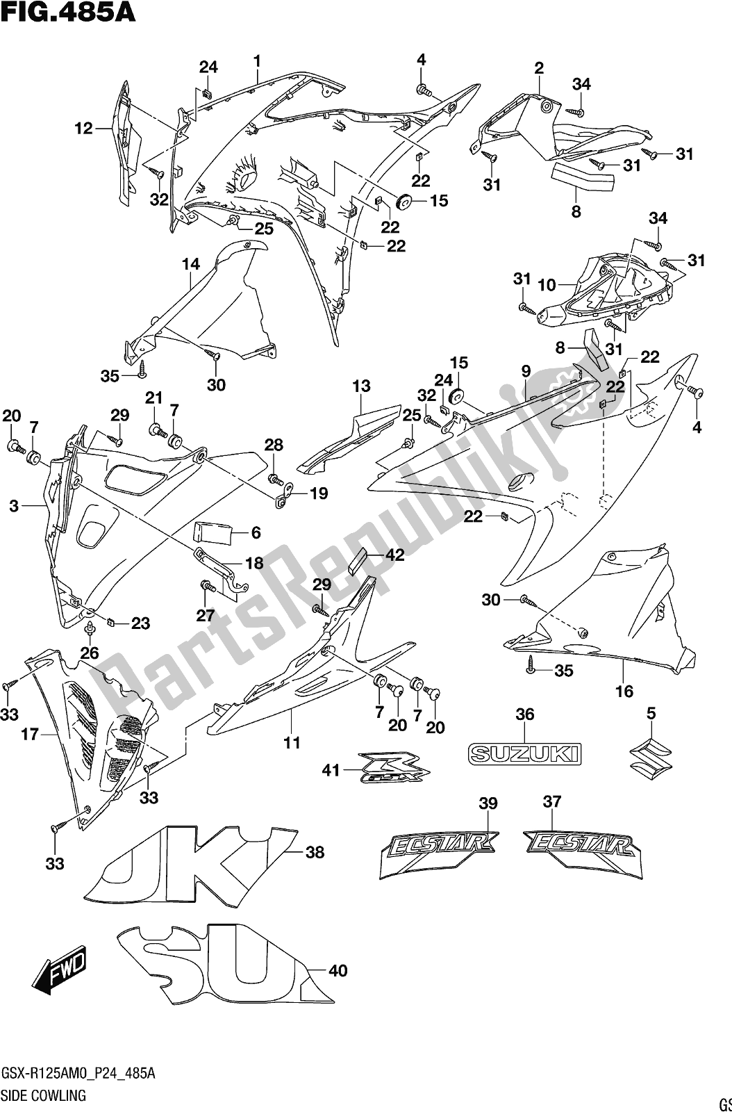 All parts for the Fig. 485a Side Cowling of the Suzuki Gsx-r 125A 2020