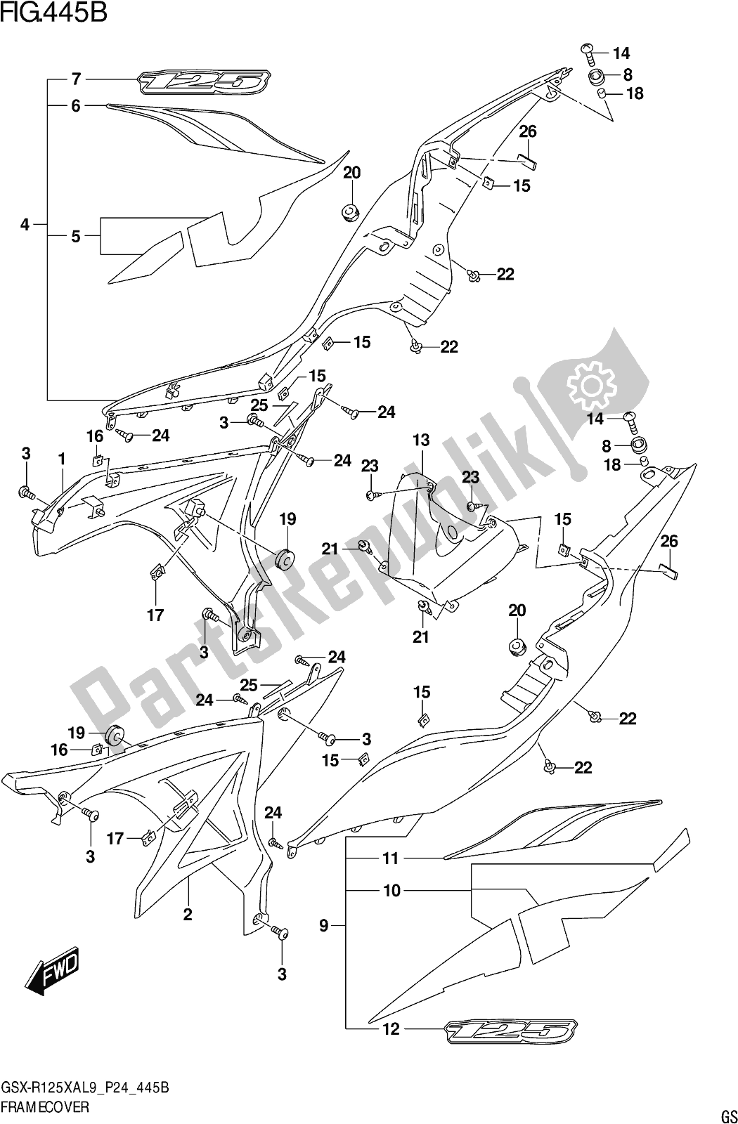 All parts for the Fig. 445b Frame Cover of the Suzuki Gsx-r 125 XA 2019