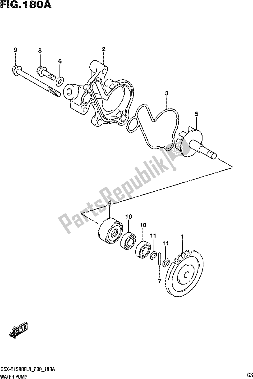 All parts for the Fig. 180a Water Pump of the Suzuki Gsx-r 150 RF 2018
