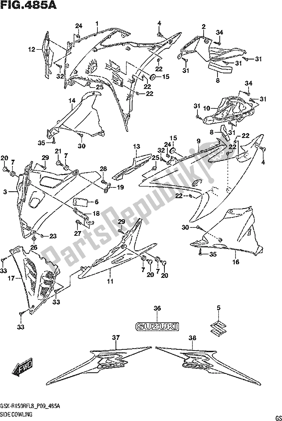 All parts for the Fig. 485a Side Cowling (gsx-r150rfl8 P09) of the Suzuki Gsx-r 150 RF 2018