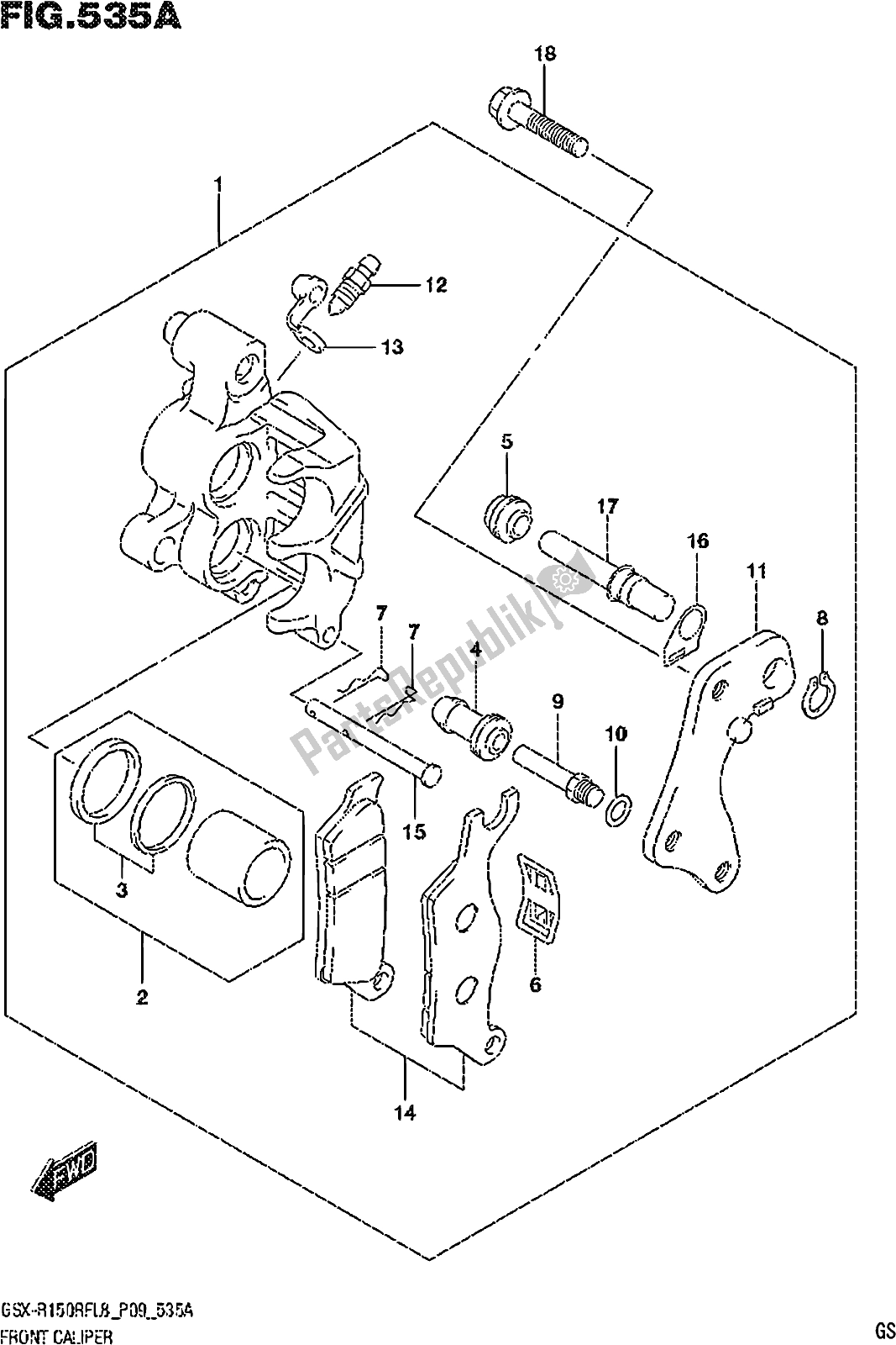 All parts for the Fig. 535a Front Caliper of the Suzuki Gsx-r 150 RF 2018