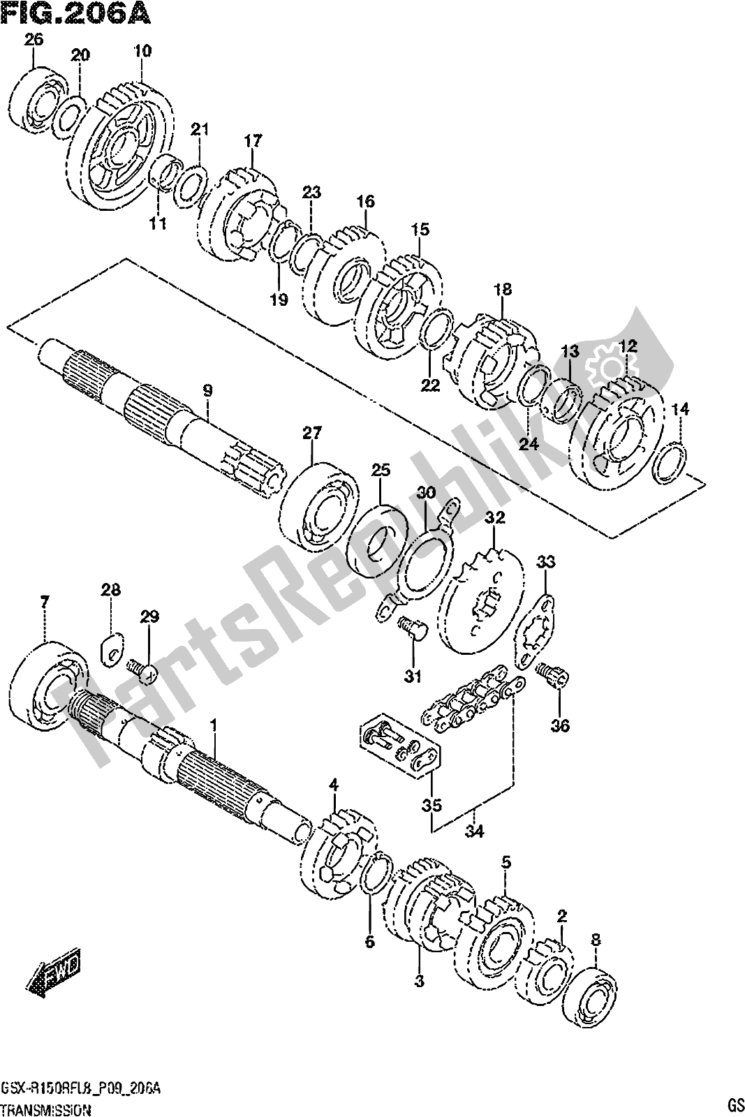 Alle onderdelen voor de Fig. 206a Transmission van de Suzuki Gsx-r 150 RFX 2018