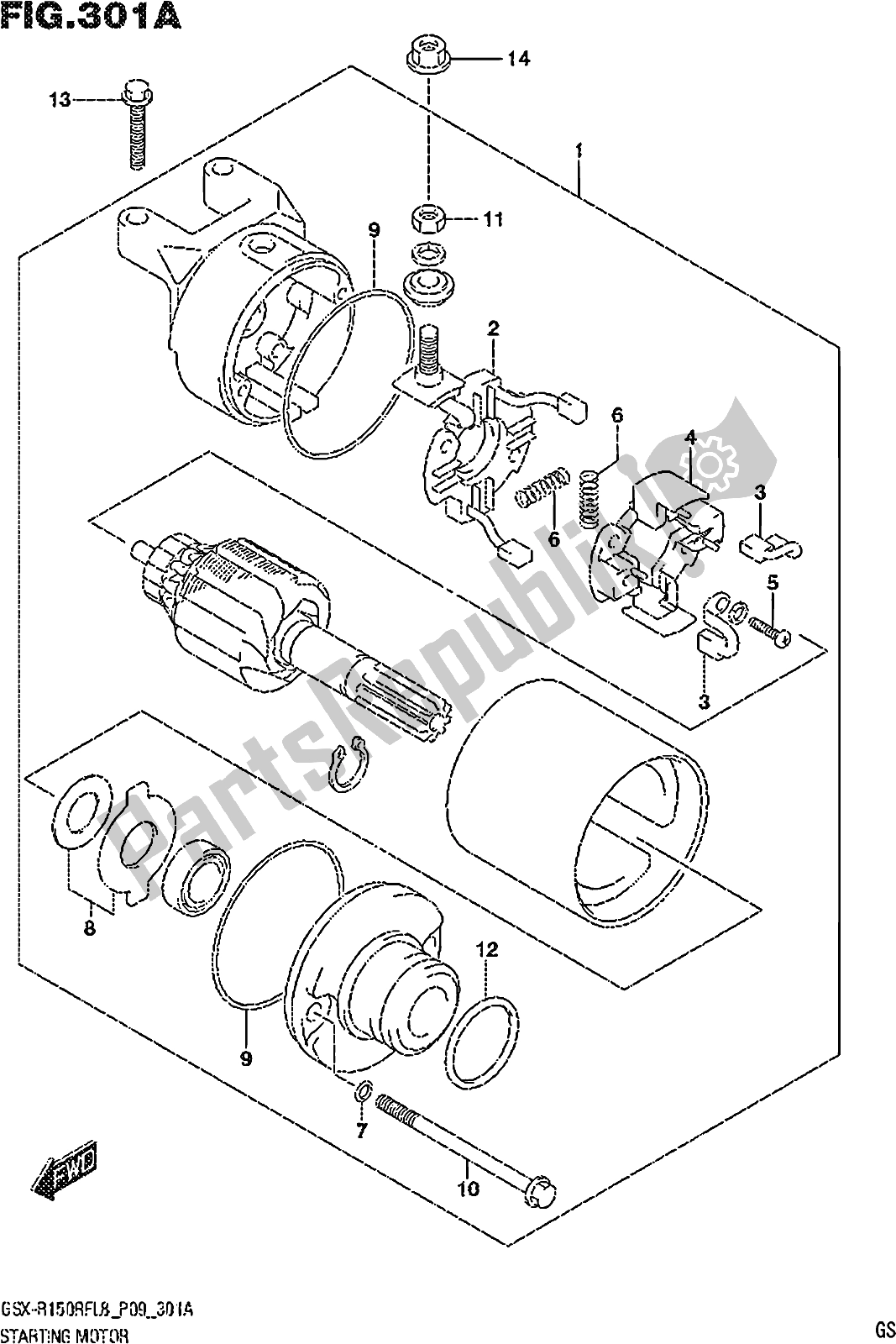 Alle onderdelen voor de Fig. 301a Starting Motor van de Suzuki Gsx-r 150 RFX 2018