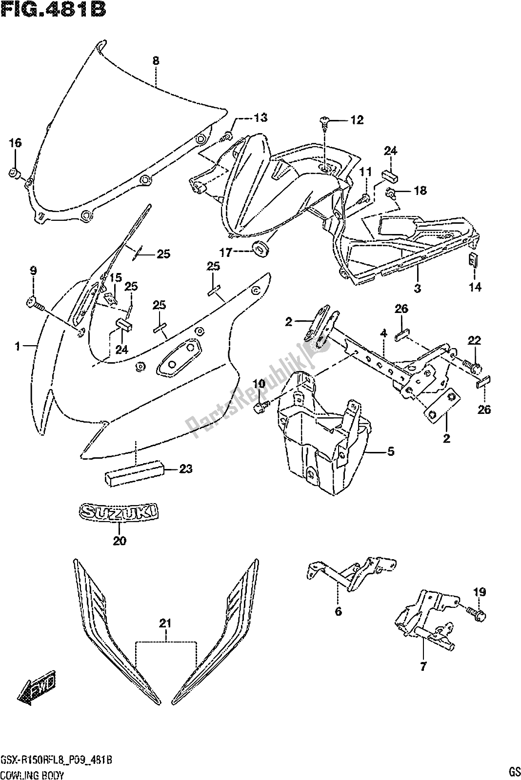 Alle onderdelen voor de Fig. 481b Cowling Body (gsx-r150rfxl8 P09) van de Suzuki Gsx-r 150 RFX 2018