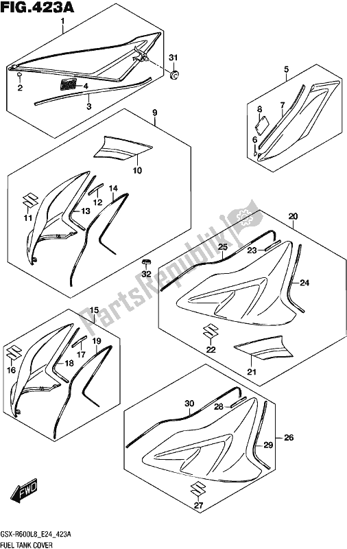 All parts for the Fuel Tank Cover of the Suzuki Gsx-r 600 2018