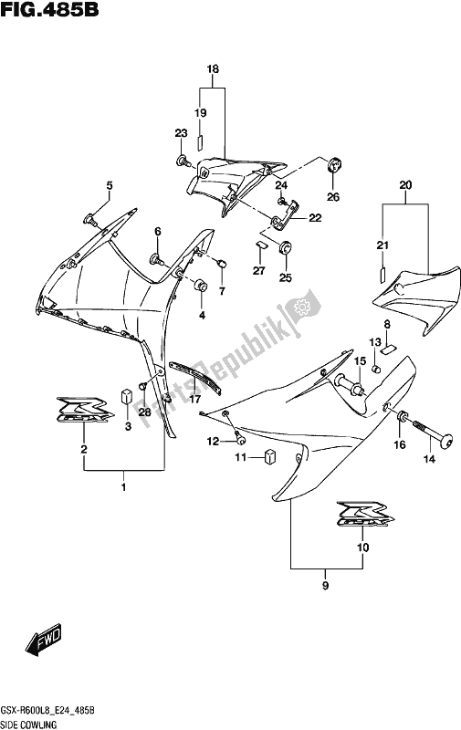 All parts for the Side Cowling (qeb) of the Suzuki Gsx-r 600 2018