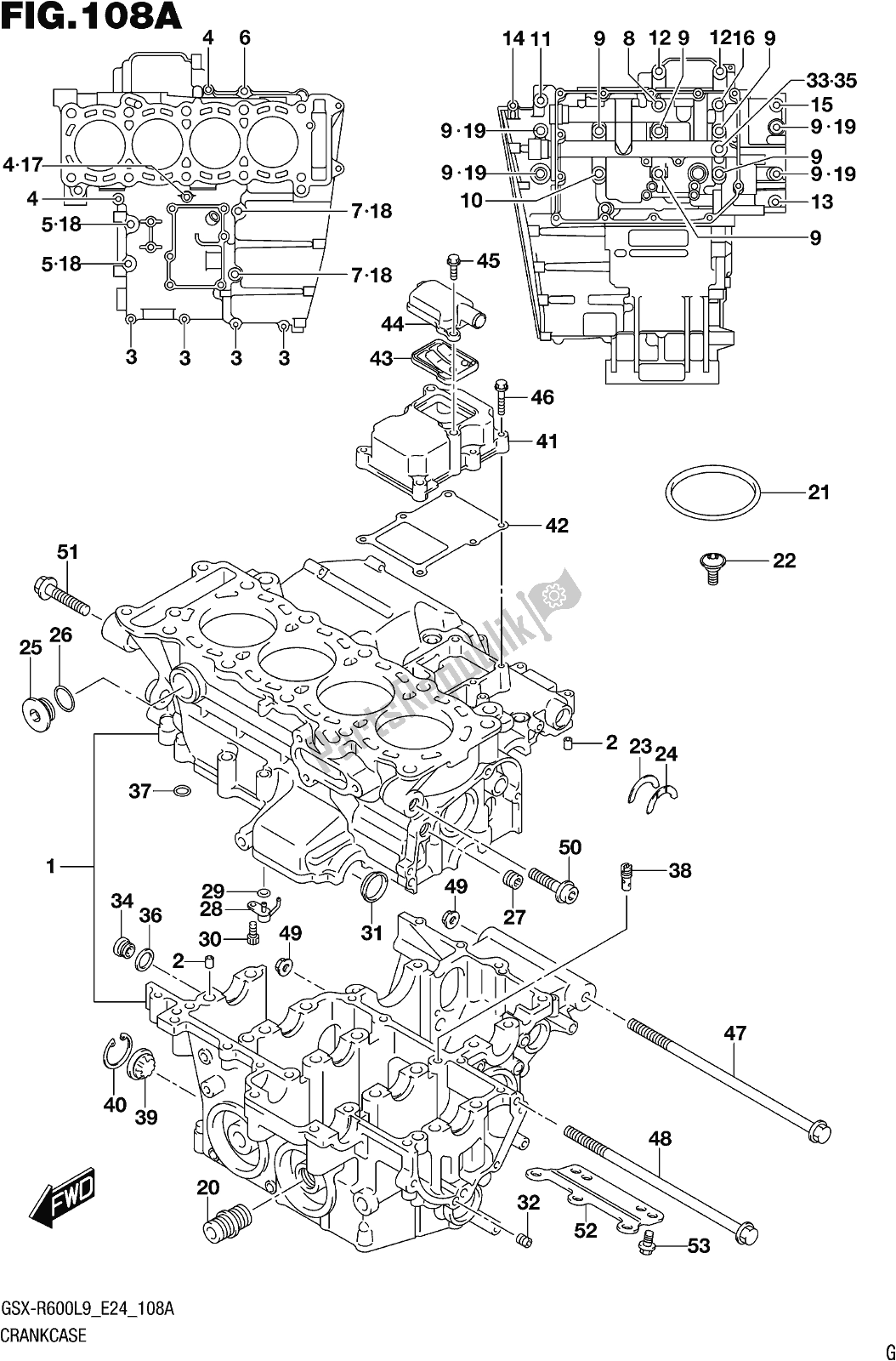 All parts for the Fig. 108a Crankcase of the Suzuki Gsx-r 600 2019