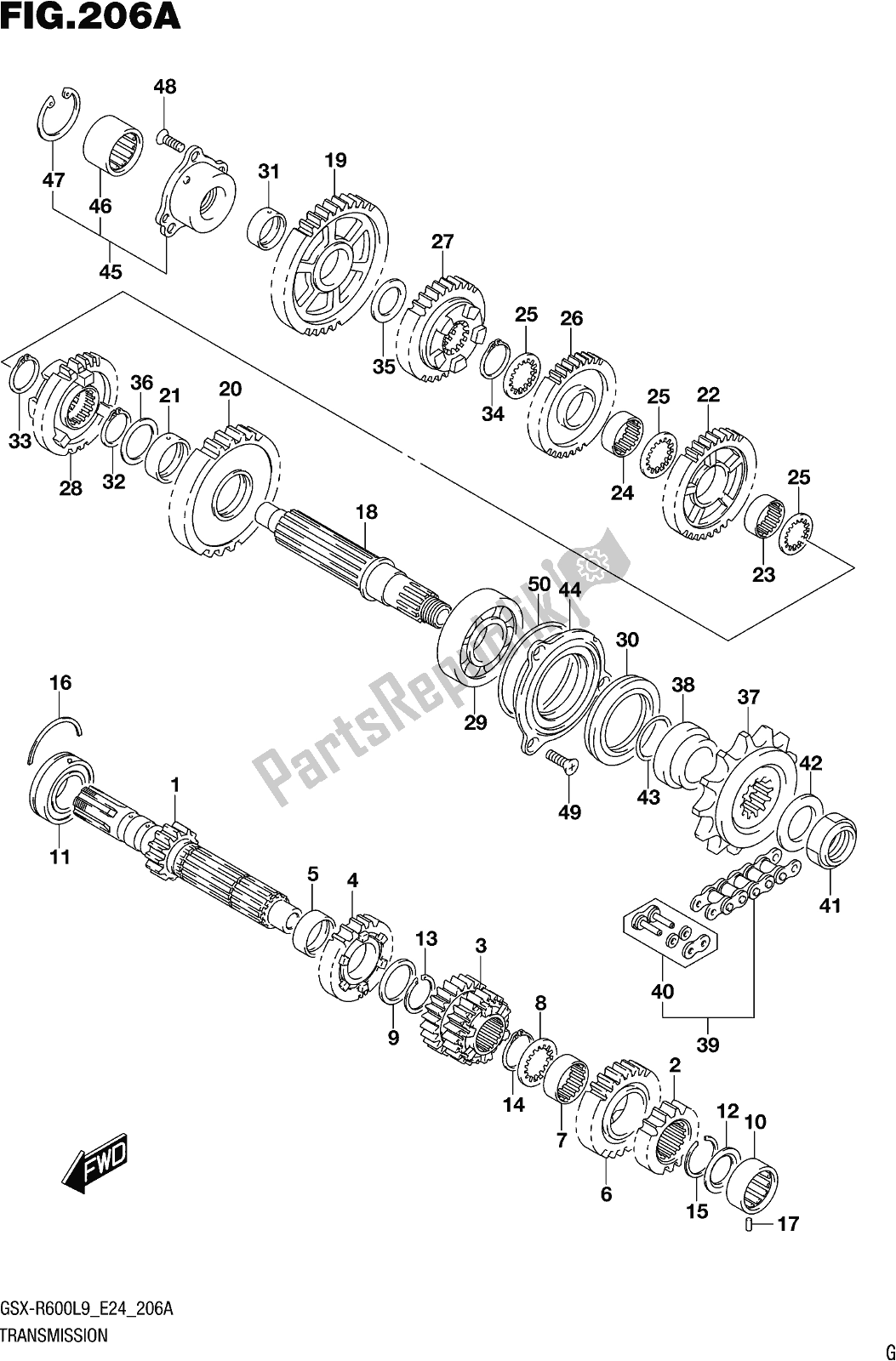 All parts for the Fig. 206a Transmission of the Suzuki Gsx-r 600 2019