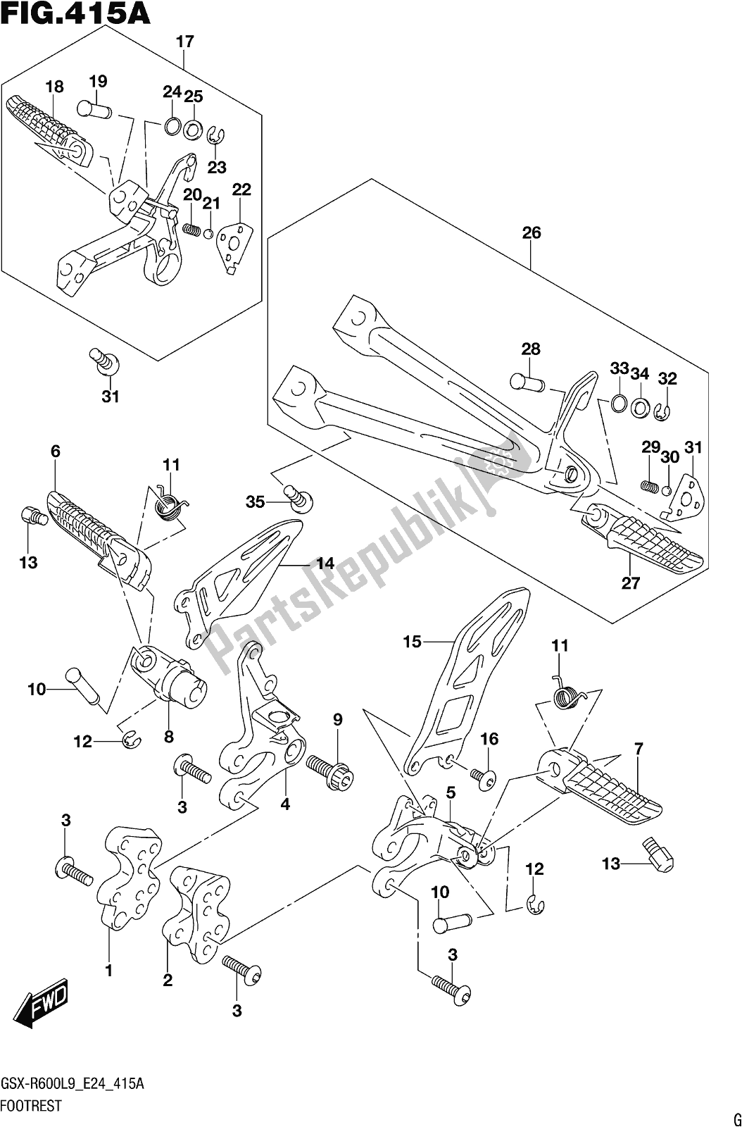 All parts for the Fig. 415a Footrest of the Suzuki Gsx-r 600 2019