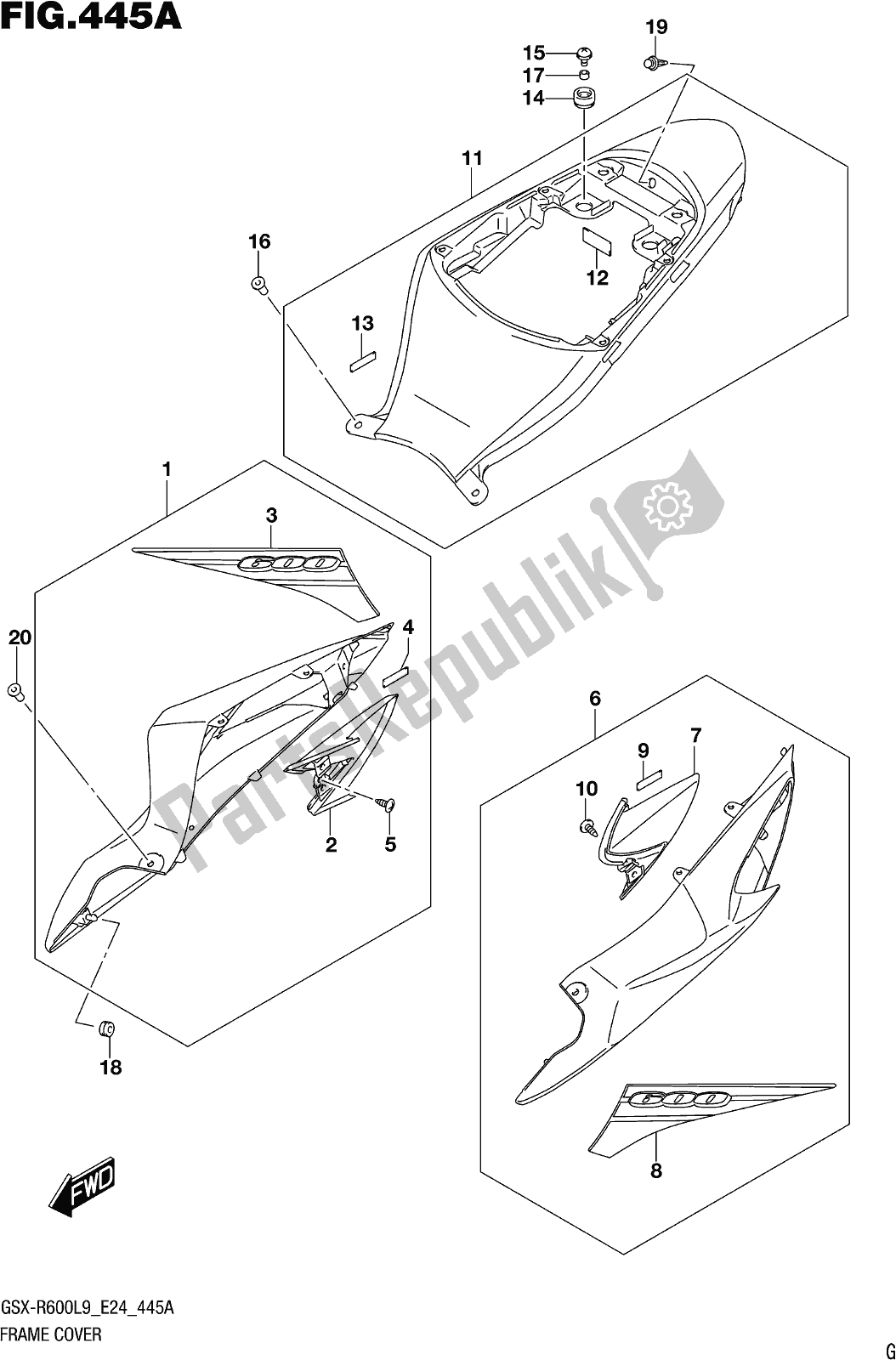 All parts for the Fig. 445a Frame Cover of the Suzuki Gsx-r 600 2019