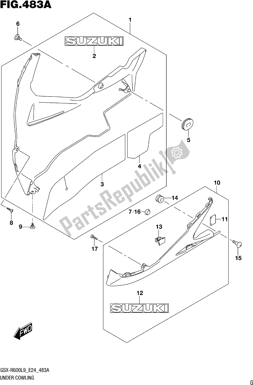 Alle onderdelen voor de Fig. 483a Under Cowling van de Suzuki Gsx-r 600 2019