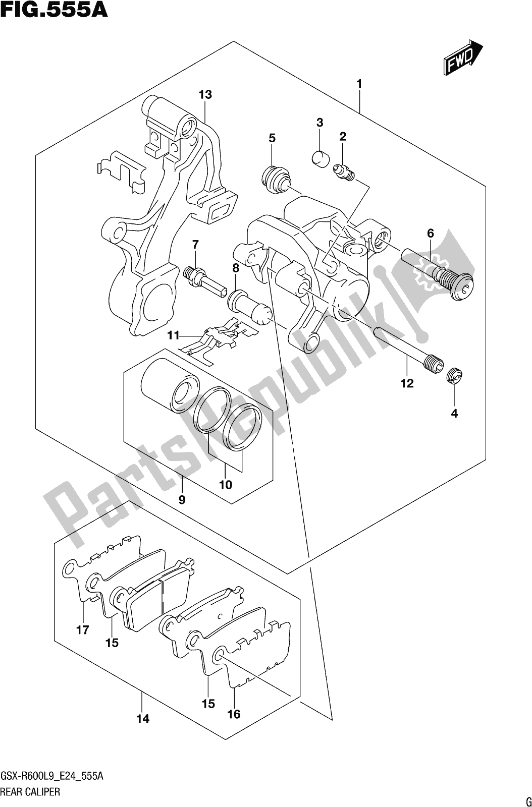 All parts for the Fig. 555a Rear Caliper of the Suzuki Gsx-r 600 2019