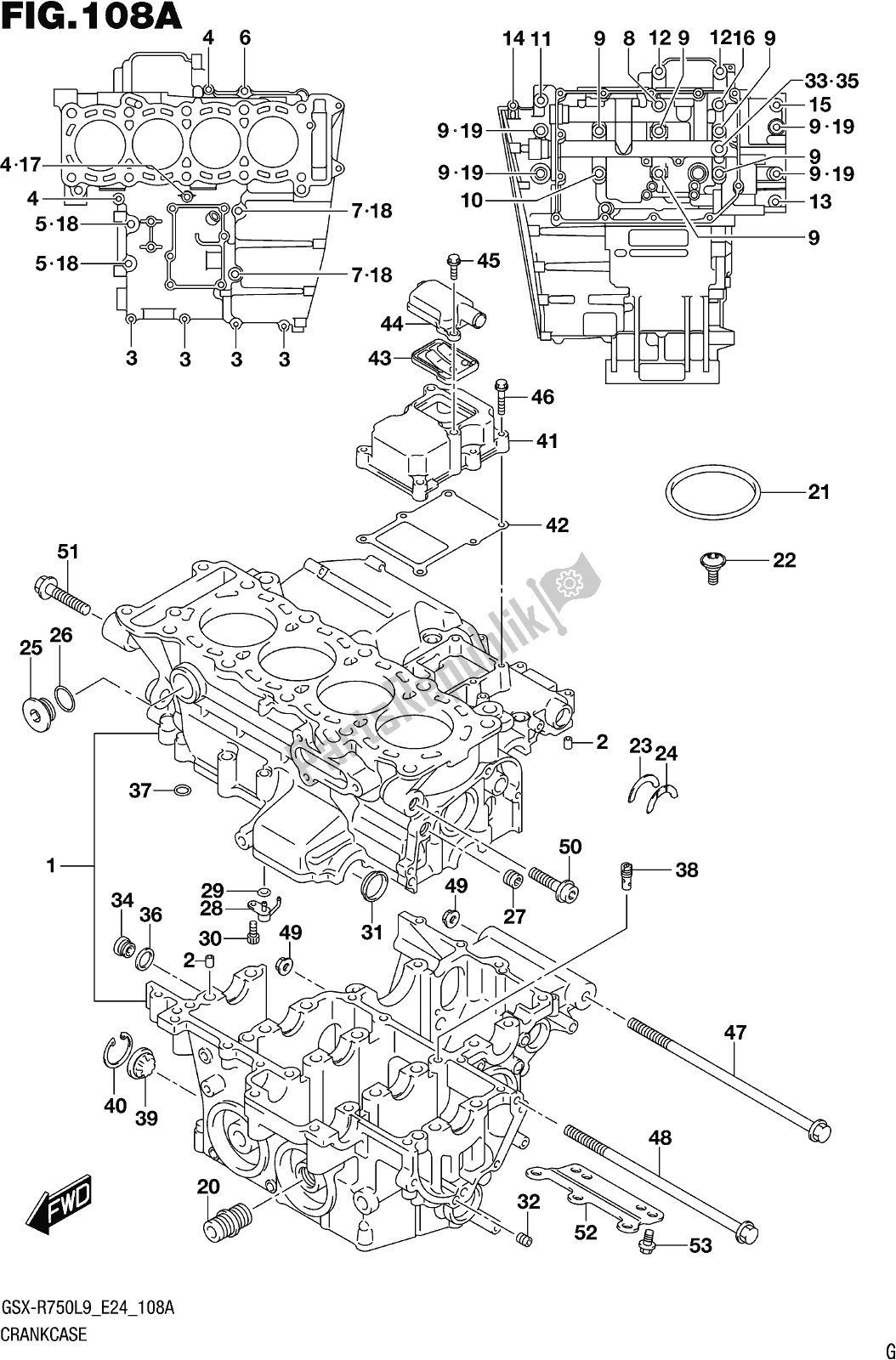 All parts for the Fig. 108a Crankcase of the Suzuki Gsx-r 750 2019