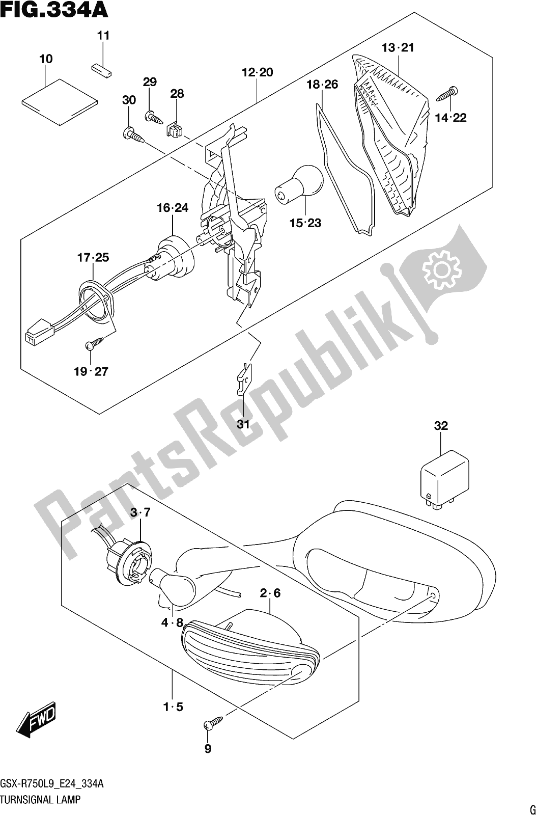 All parts for the Fig. 334a Turnsignal Lamp of the Suzuki Gsx-r 750 2019