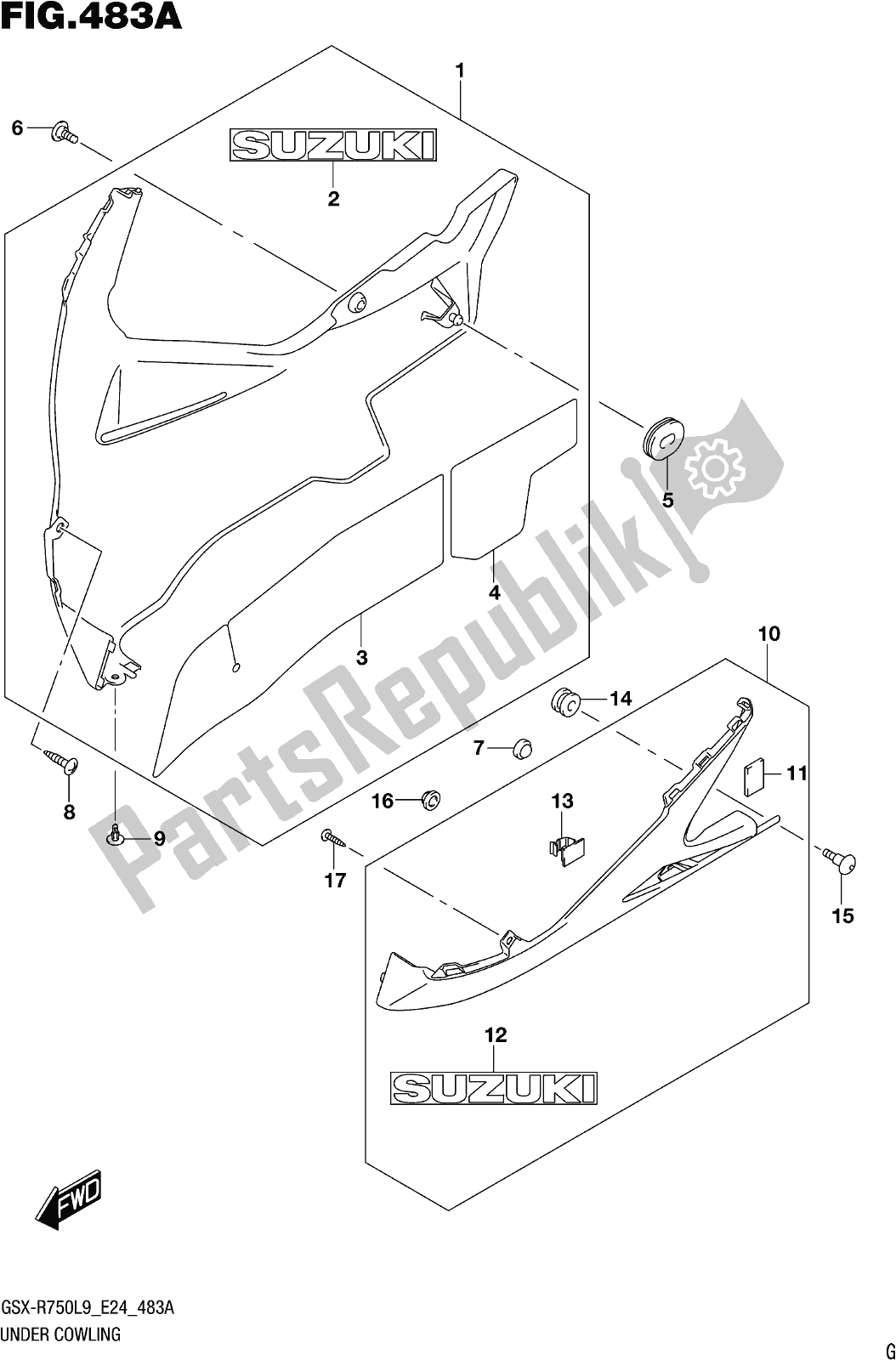 All parts for the Fig. 483a Under Cowling of the Suzuki Gsx-r 750 2019