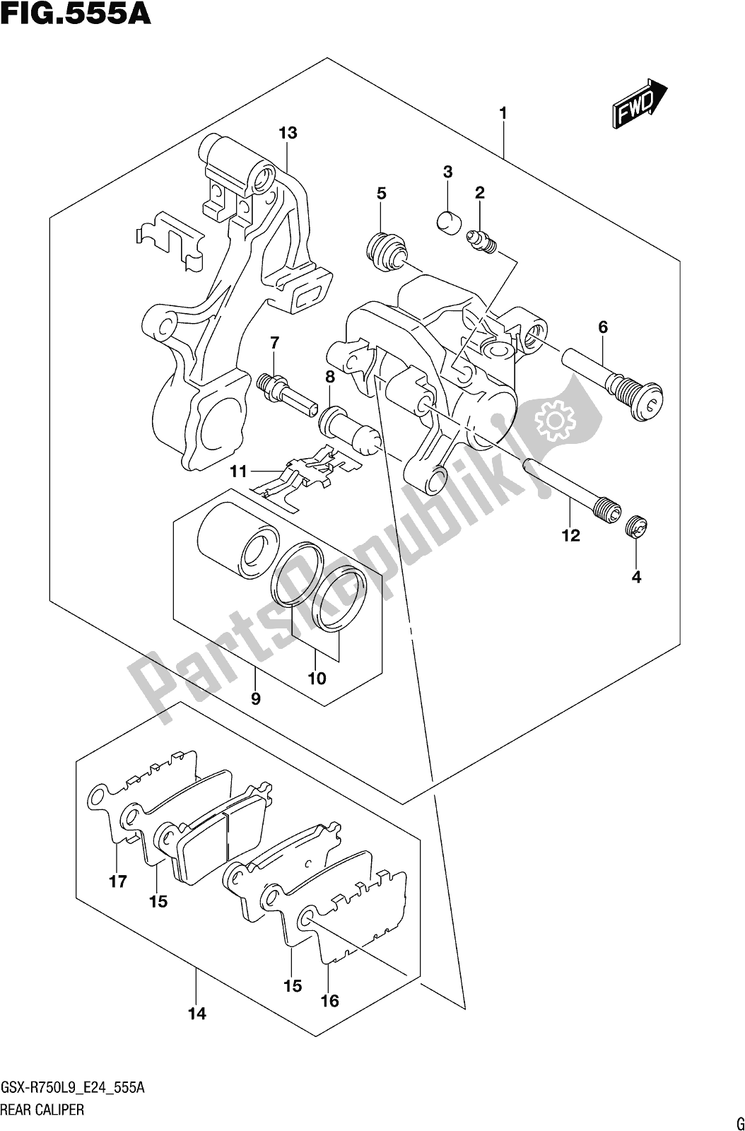 All parts for the Fig. 555a Rear Caliper of the Suzuki Gsx-r 750 2019