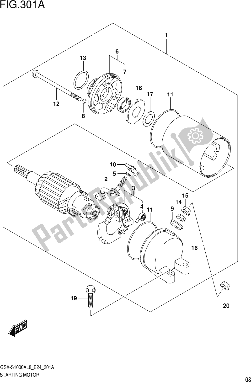 All parts for the Fig. 301a Starting Motor of the Suzuki Gsx-s 1000 AZ 2018