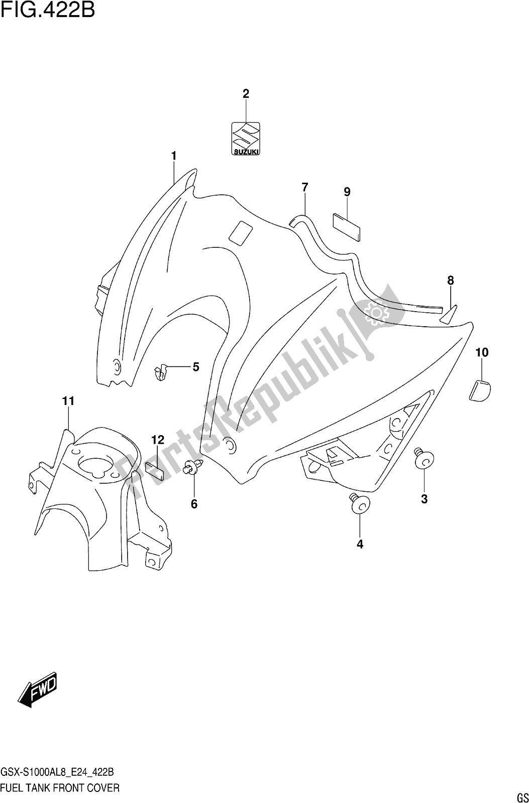 All parts for the Fig. 422b Fuel Tank Front Cover (gsx-s1000azl8 E24) of the Suzuki Gsx-s 1000 AZ 2018