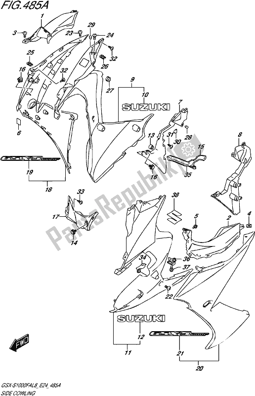 All parts for the Side Cowling (gsx-s1000fal8 E24) of the Suzuki Gsx-s 1000 FA 2018