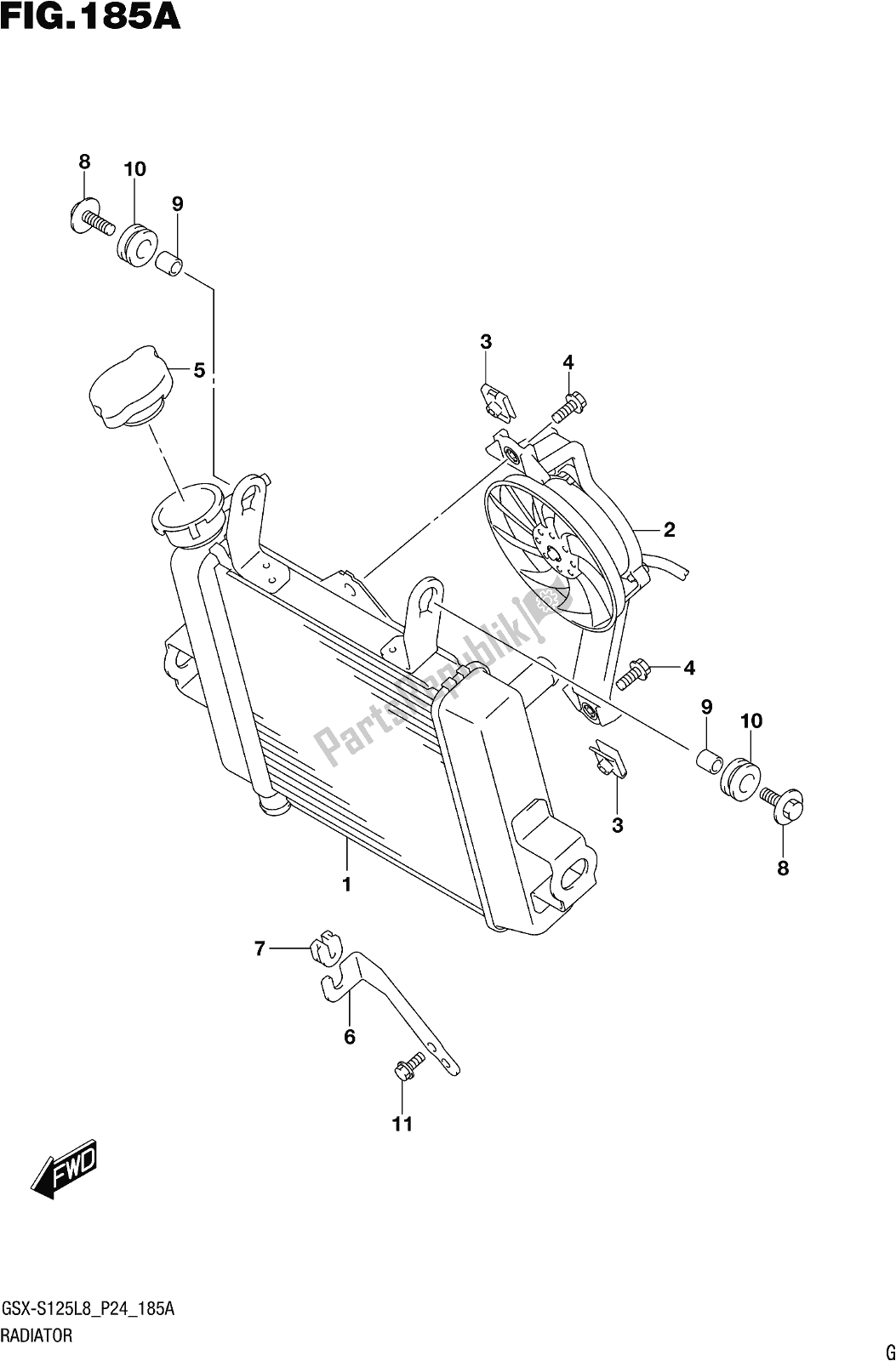 All parts for the Fig. 185a Radiator of the Suzuki Gsx-s 125 ML 2018