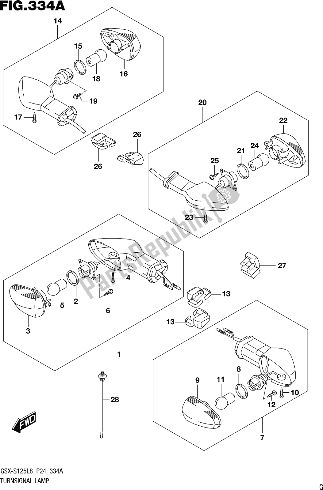 All parts for the Fig. 334a Turnsignal Lamp of the Suzuki Gsx-s 125 ML 2018