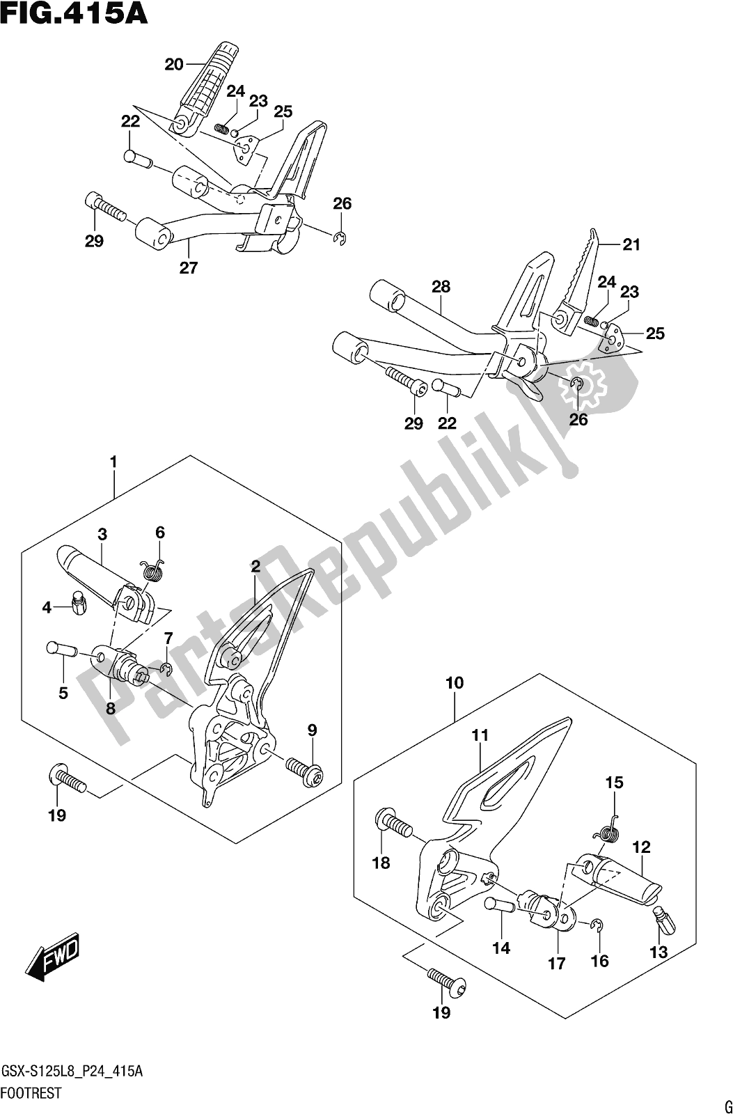 Alle onderdelen voor de Fig. 415a Footrest van de Suzuki Gsx-s 125 ML 2018