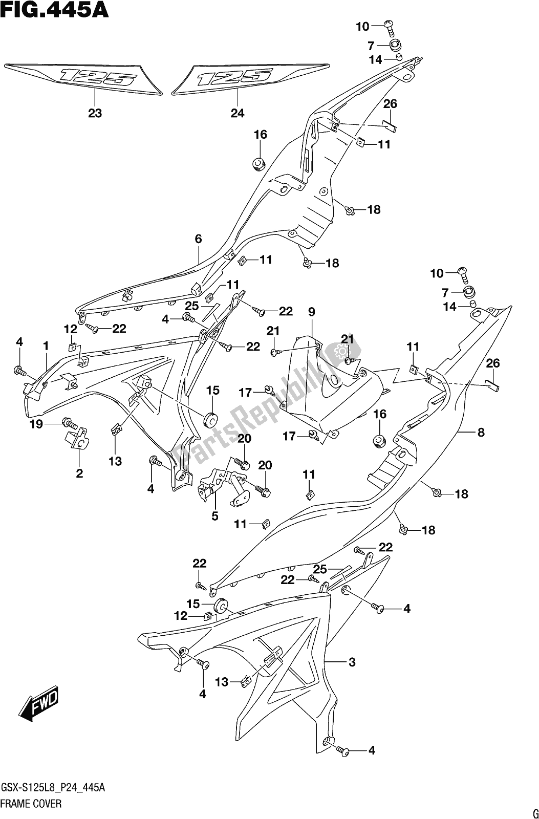 All parts for the Fig. 445a Frame Cover (gsx-s125mll8 P24) (for Gta) of the Suzuki Gsx-s 125 ML 2018