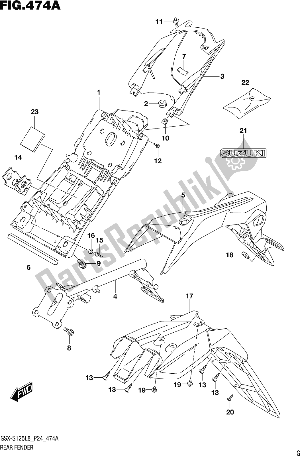 All parts for the Fig. 474a Rear Fender (gsx-s125mll8 P24) of the Suzuki Gsx-s 125 ML 2018