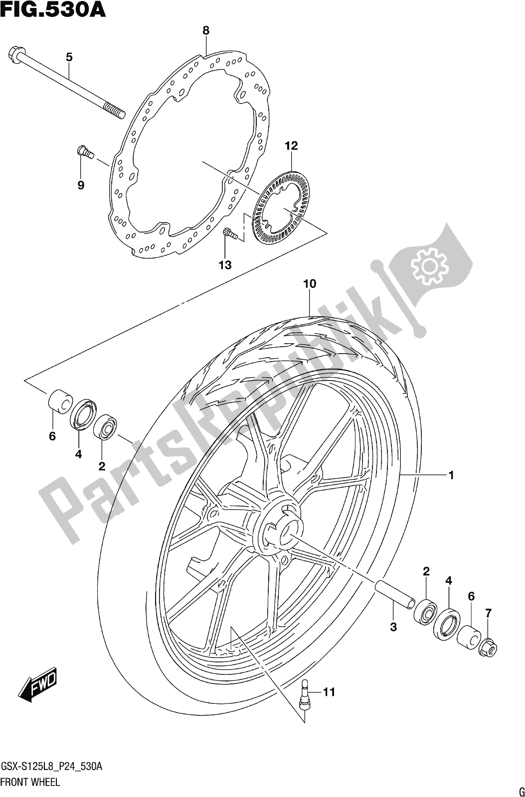 All parts for the Fig. 530a Front Wheel of the Suzuki Gsx-s 125 ML 2018
