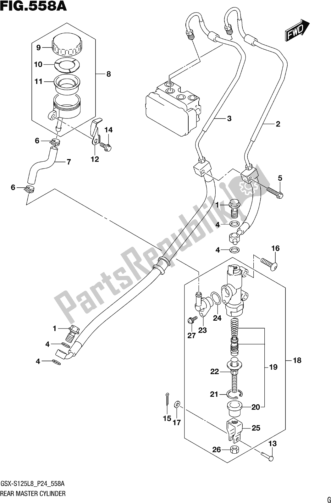 All parts for the Fig. 558a Rear Master Cylinder of the Suzuki Gsx-s 125 ML 2018
