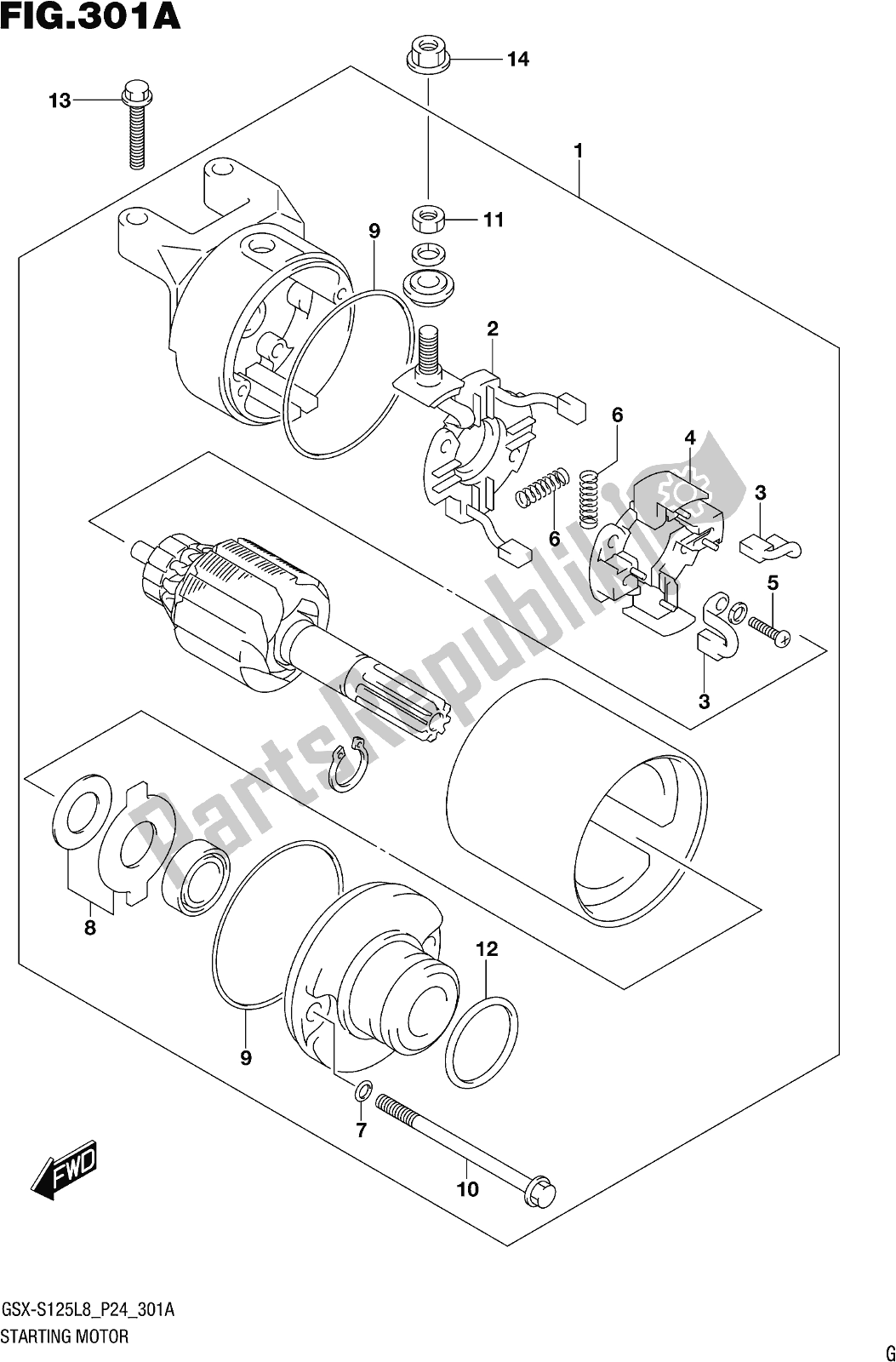 All parts for the Fig. 301a Starting Motor of the Suzuki Gsx-s 125 MLX 2018