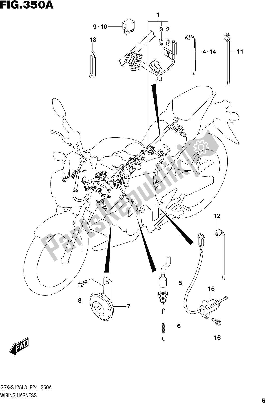 All parts for the Fig. 350a Wiring Harness of the Suzuki Gsx-s 125 MLX 2018