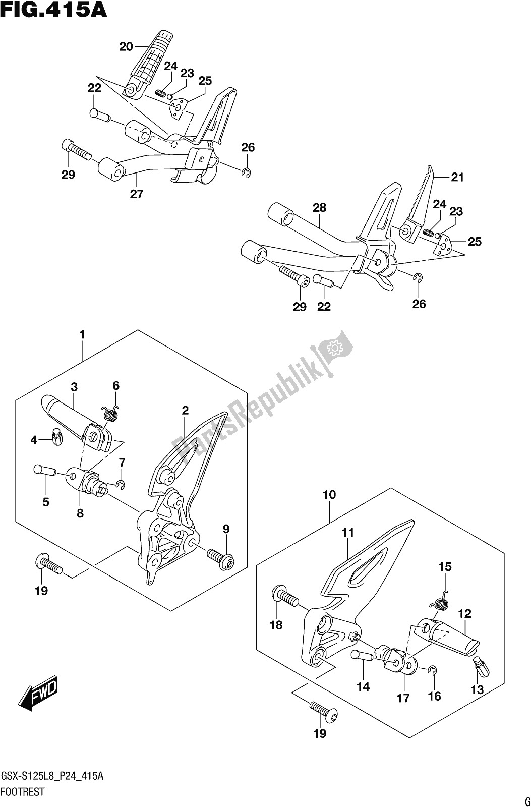 Alle onderdelen voor de Fig. 415a Footrest van de Suzuki Gsx-s 125 MLX 2018