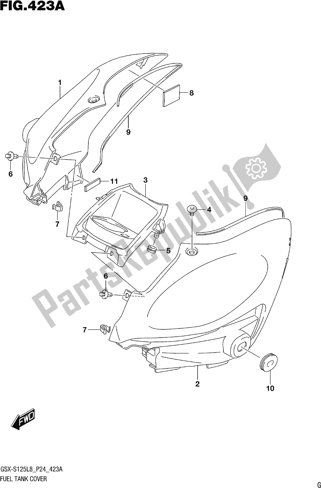 All parts for the Fig. 423a Fuel Tank Cover of the Suzuki Gsx-s 125 MLX 2018