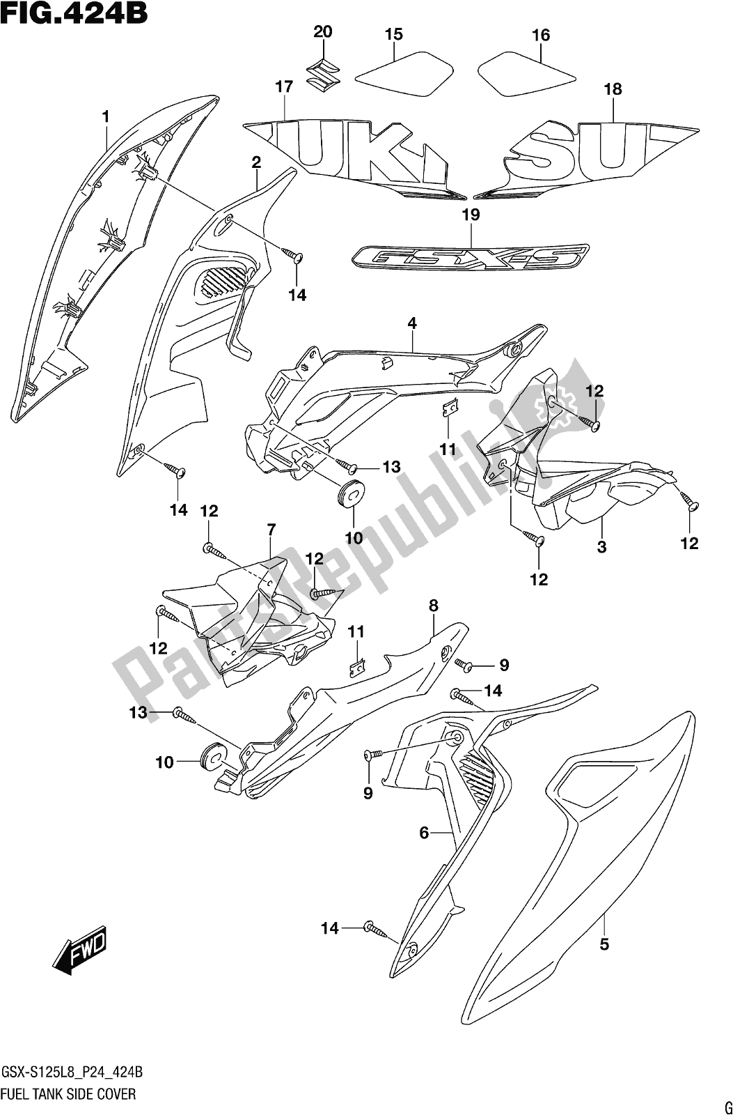 Tutte le parti per il Fig. 424b Fuel Tank Side Cover (gsx-s125mlxl8 P24) del Suzuki Gsx-s 125 MLX 2018