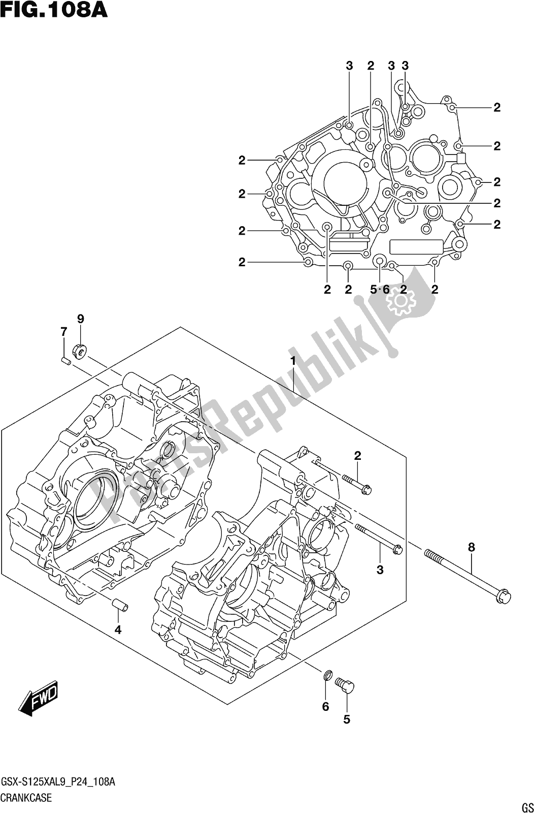 All parts for the Fig. 108a Crankcase of the Suzuki Gsx-s 125 XA 2019