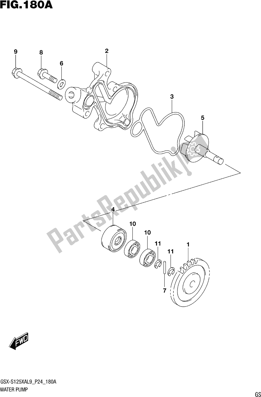 All parts for the Fig. 180a Water Pump of the Suzuki Gsx-s 125 XA 2019