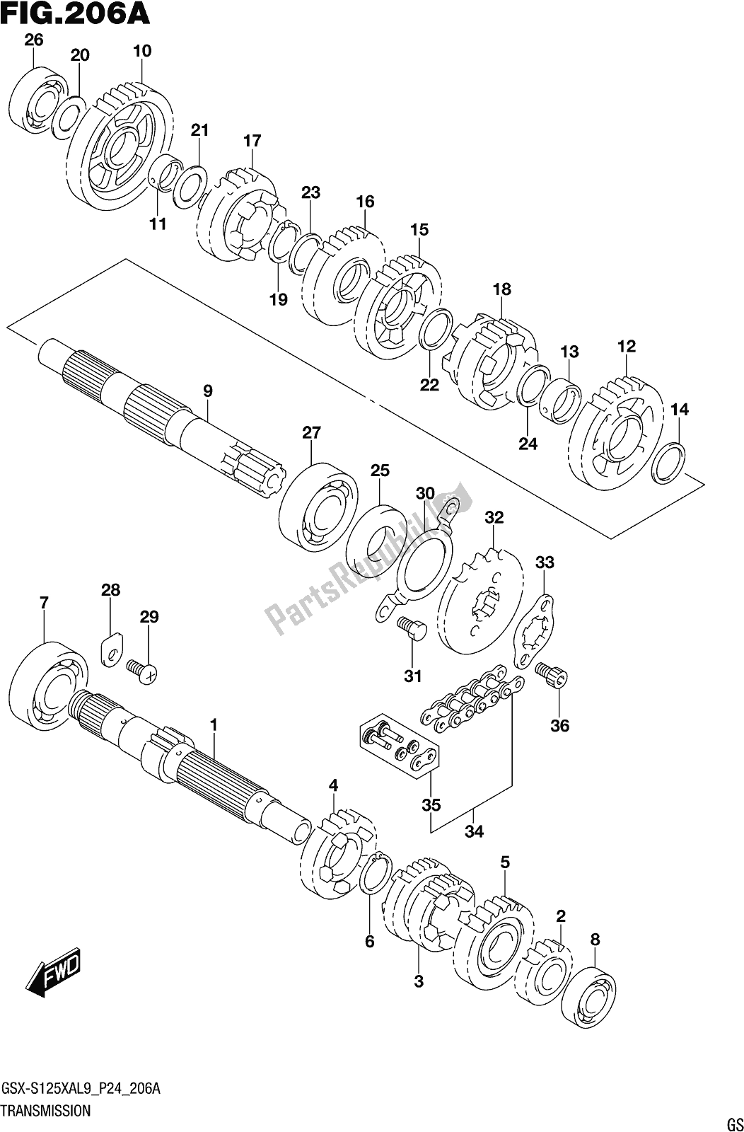 All parts for the Fig. 206a Transmission of the Suzuki Gsx-s 125 XA 2019