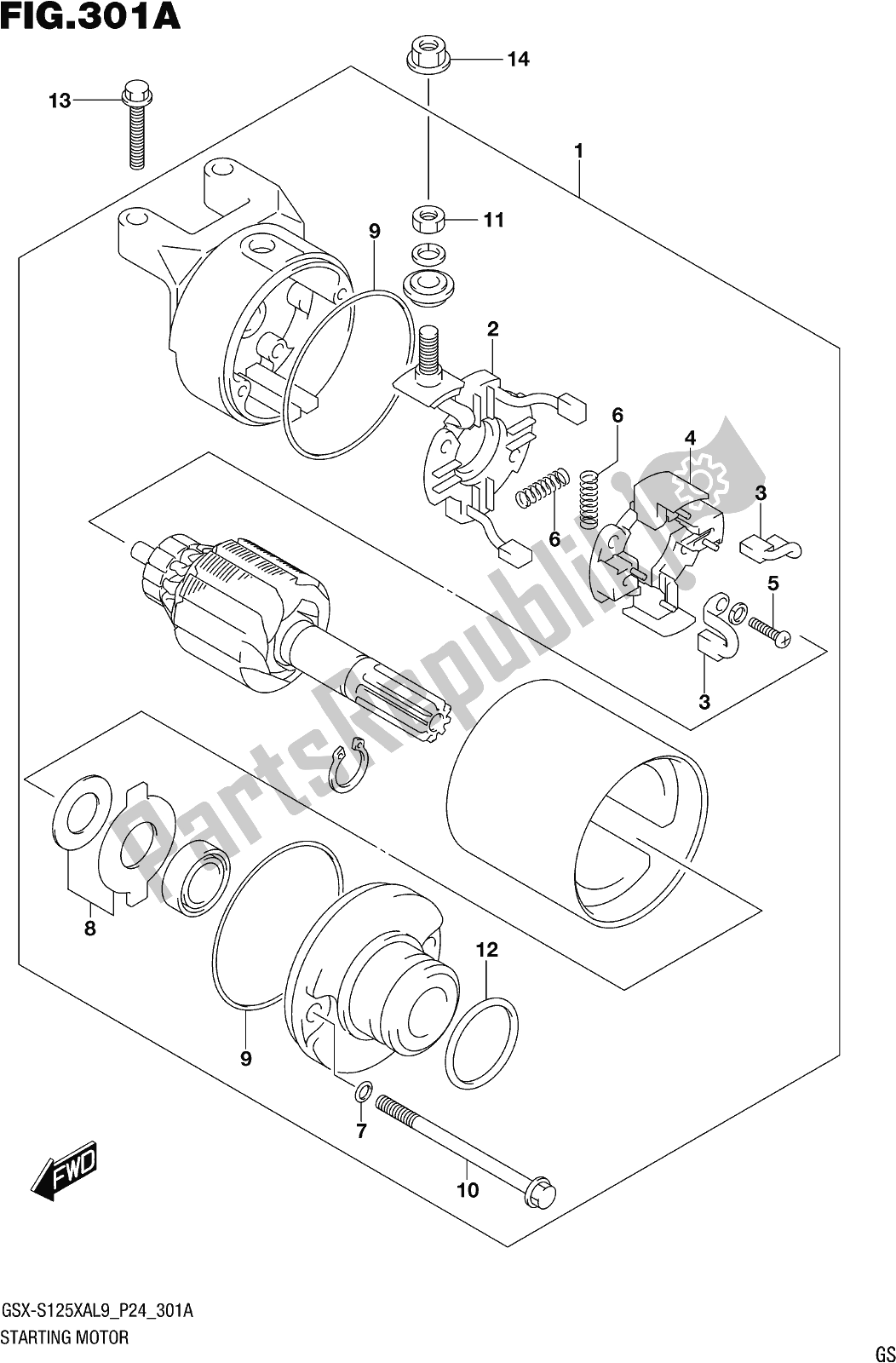 All parts for the Fig. 301a Starting Motor of the Suzuki Gsx-s 125 XA 2019
