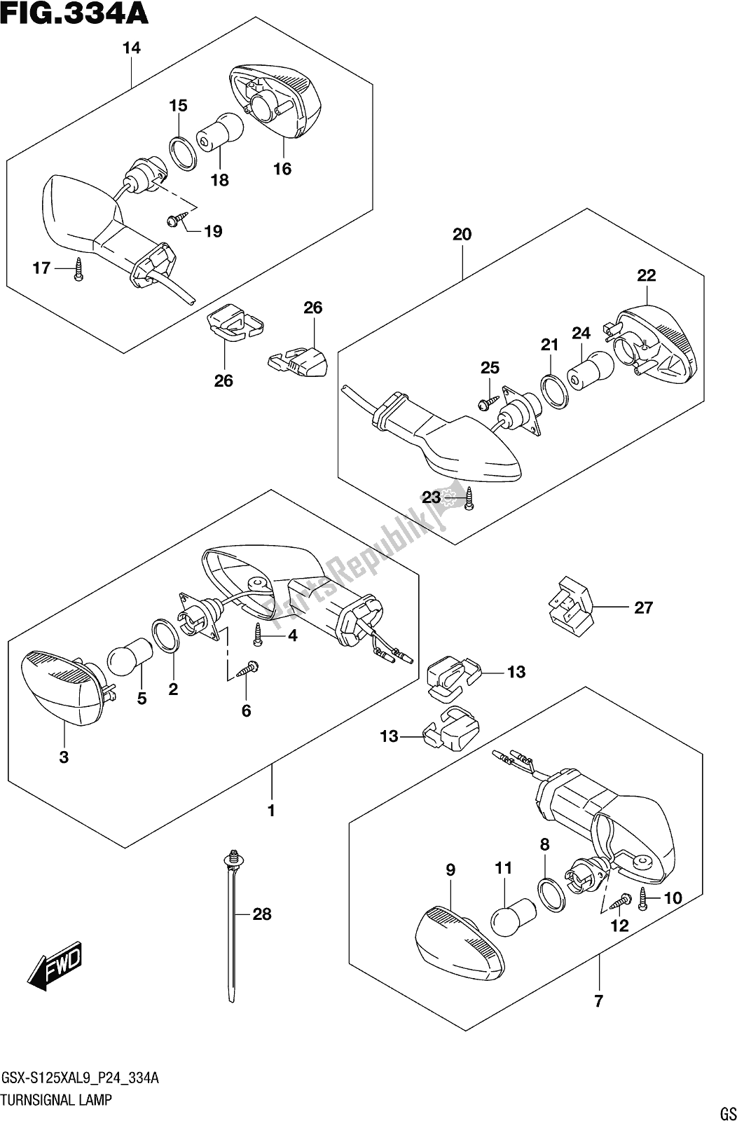 All parts for the Fig. 334a Turnsignal Lamp of the Suzuki Gsx-s 125 XA 2019