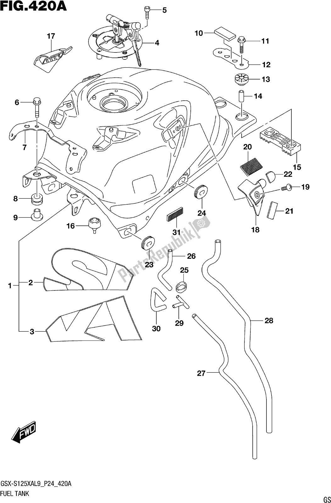 All parts for the Fig. 420a Fuel Tank of the Suzuki Gsx-s 125 XA 2019