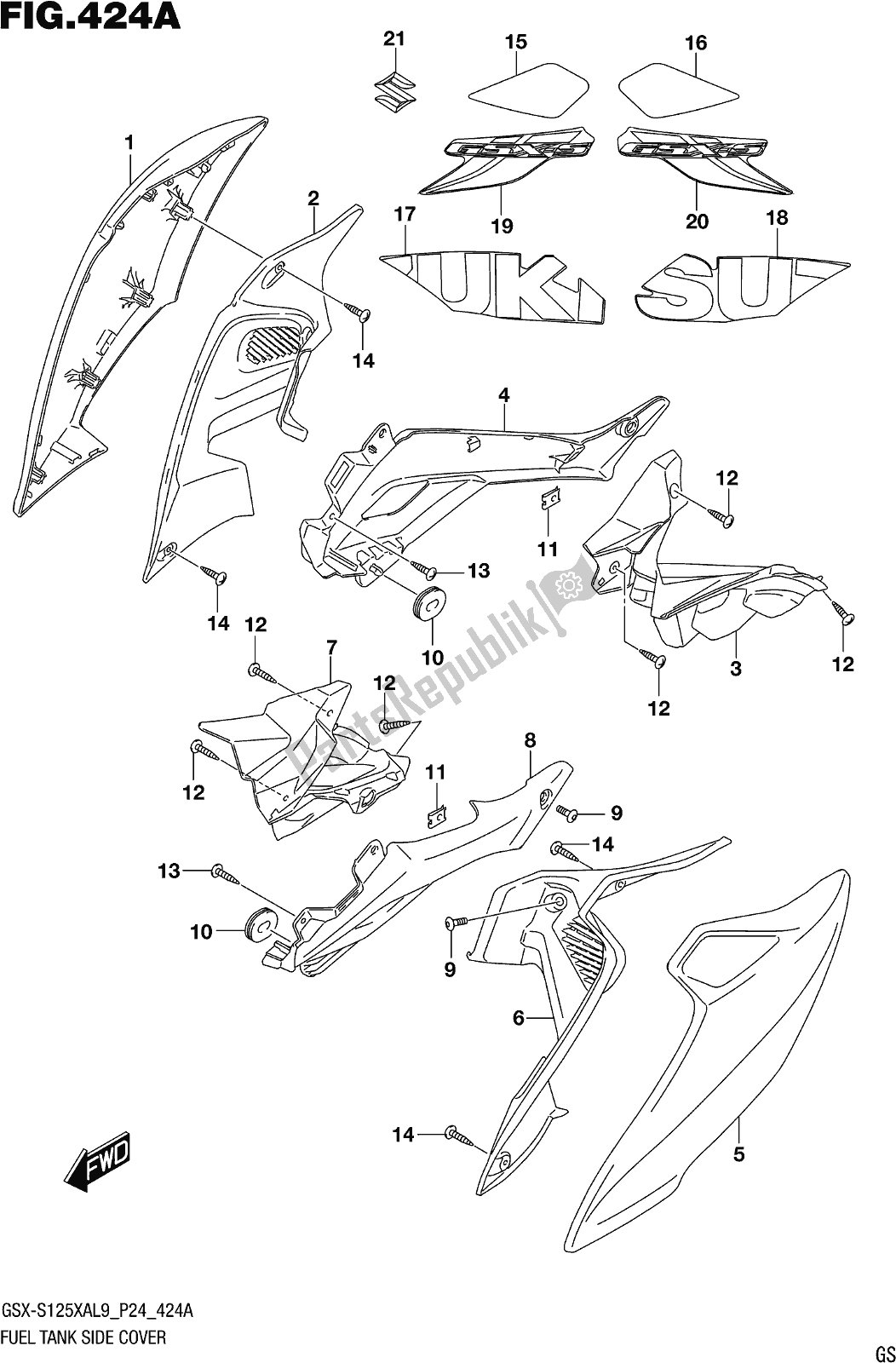 All parts for the Fig. 424a Fuel Tank Side Cover of the Suzuki Gsx-s 125 XA 2019