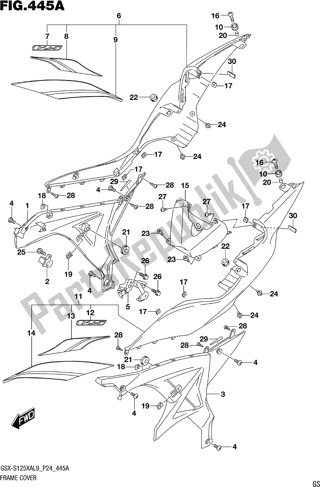 All parts for the Fig. 445a Frame Cover of the Suzuki Gsx-s 125 XA 2019